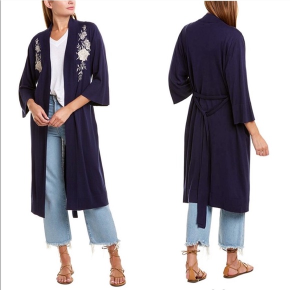 New Johnny Was Navy Silk Cashmere Kimono - Picture 1 of 6